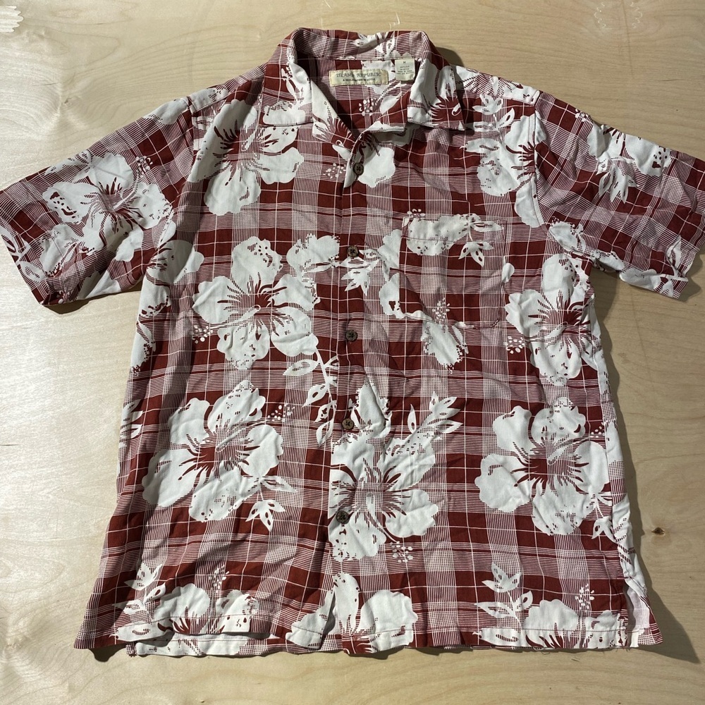 Island Republic Red and White Floral Plaid Silk Shirt Medium (HU)